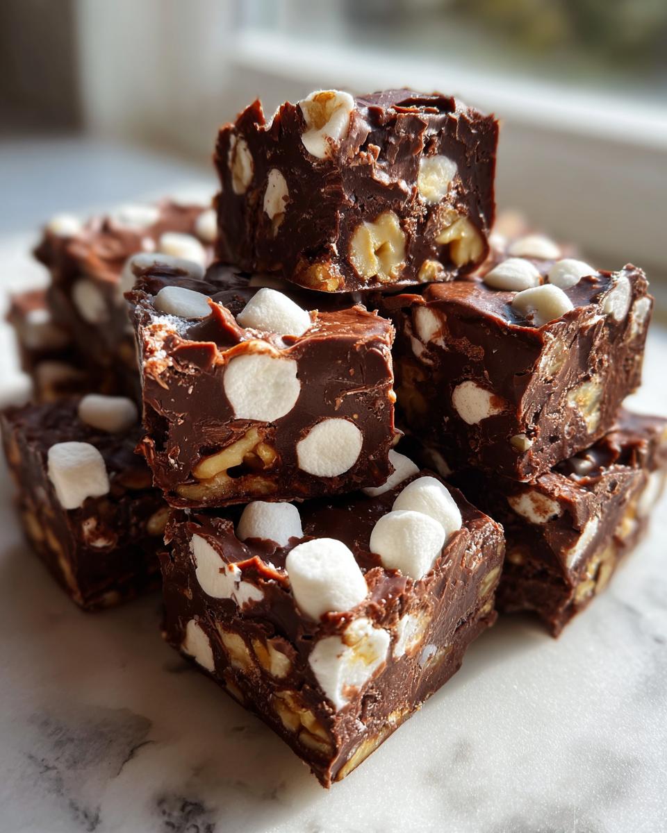 A stack of rich, dark chocolate rocky road fudge squares studded with marshmallows and nuts.
