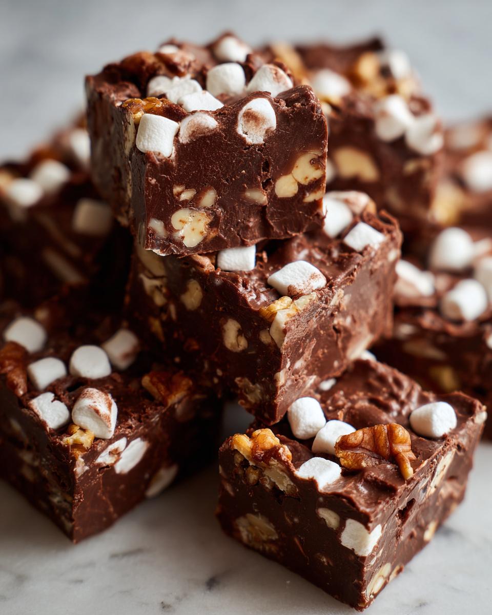 A stack of rich, dark chocolate rocky road fudge squares loaded with marshmallows and nuts.