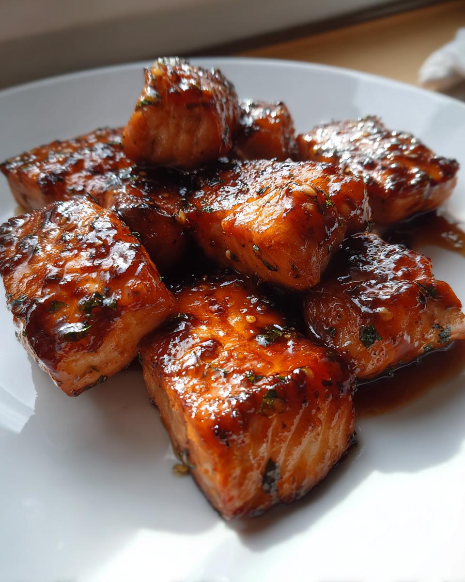 Close-up of glossy, glazed salmon bites coated in homemade teriyaki sauce on a white plate.