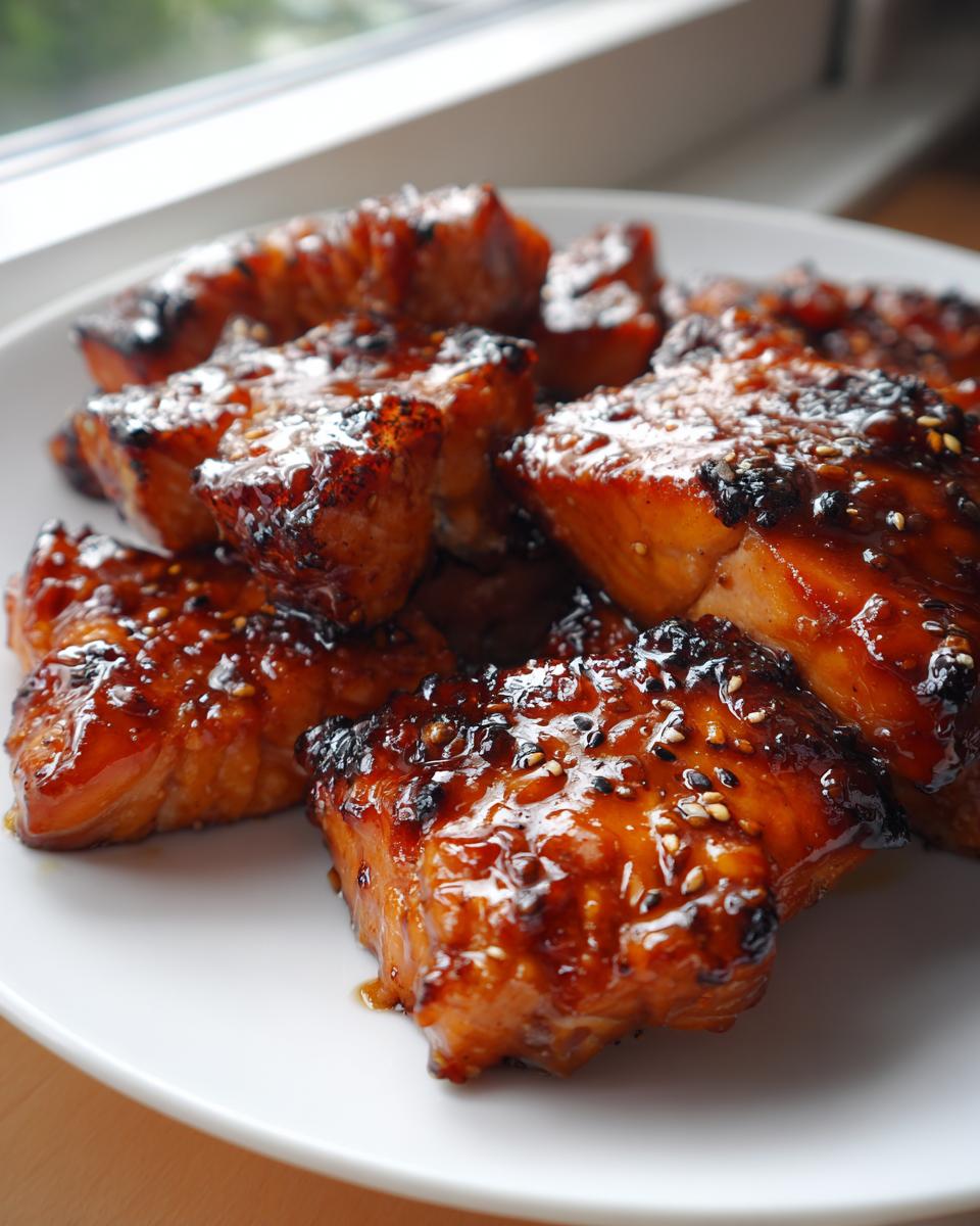 Close-up of salmon pieces coated in a thick, glossy homemade teriyaki sauce and sprinkled with sesame seeds.