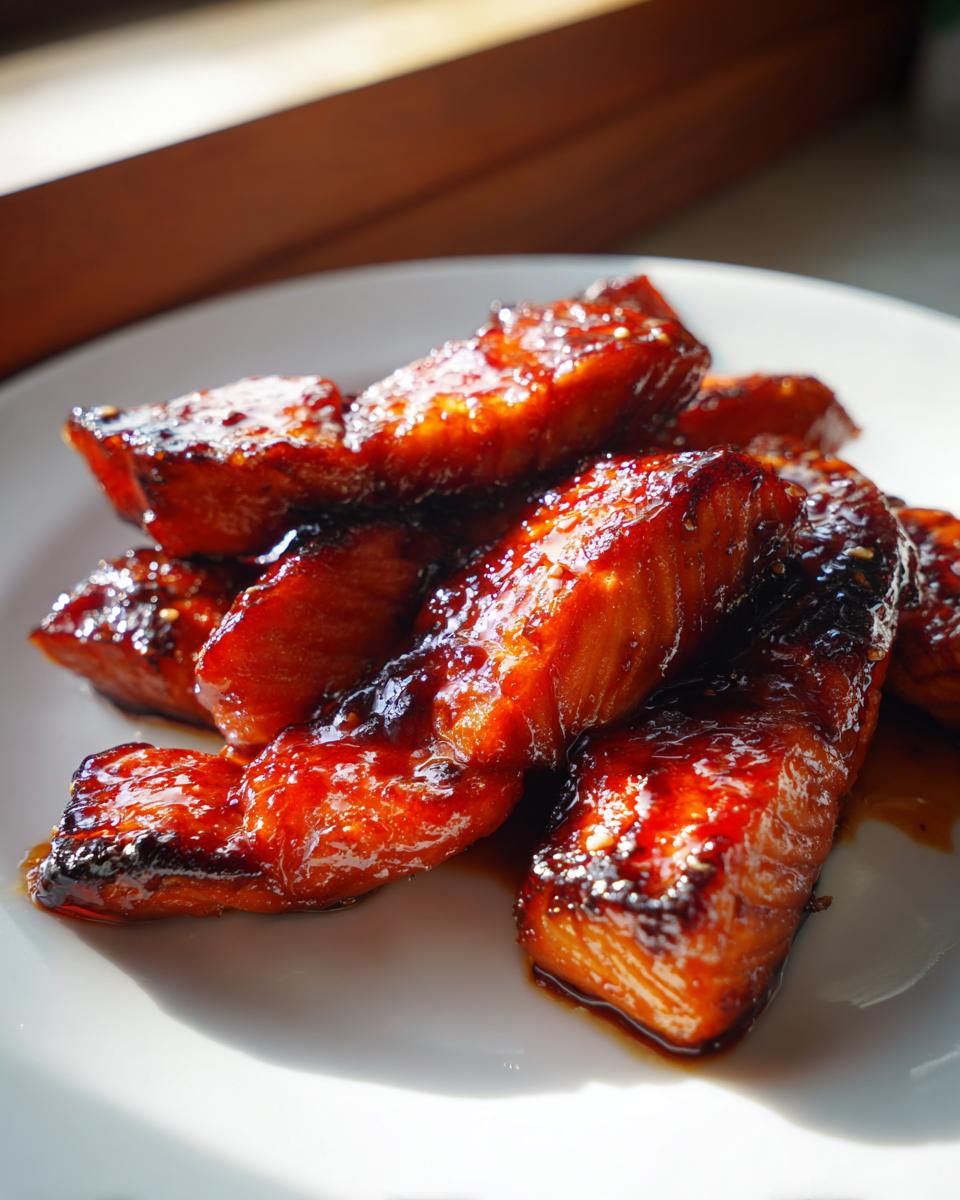 Close-up of glazed salmon pieces coated in thick, shiny homemade teriyaki sauce on a white plate.