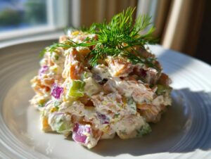 A mound of creamy salmon salad featuring chunks of pink salmon, red onion, and celery, topped with fresh dill.