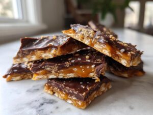 A stack of homemade saltine cracker toffee pieces showing layers of cracker, gooey caramel, and chocolate topping.