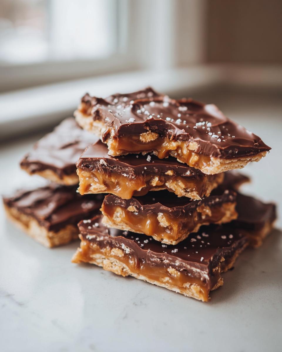 A stack of homemade saltine cracker toffee pieces topped with melted chocolate and flaky sea salt.