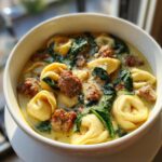 Close-up of a white bowl filled with creamy sausage tortellini soup featuring tortellini, crumbled sausage, and wilted spinach.