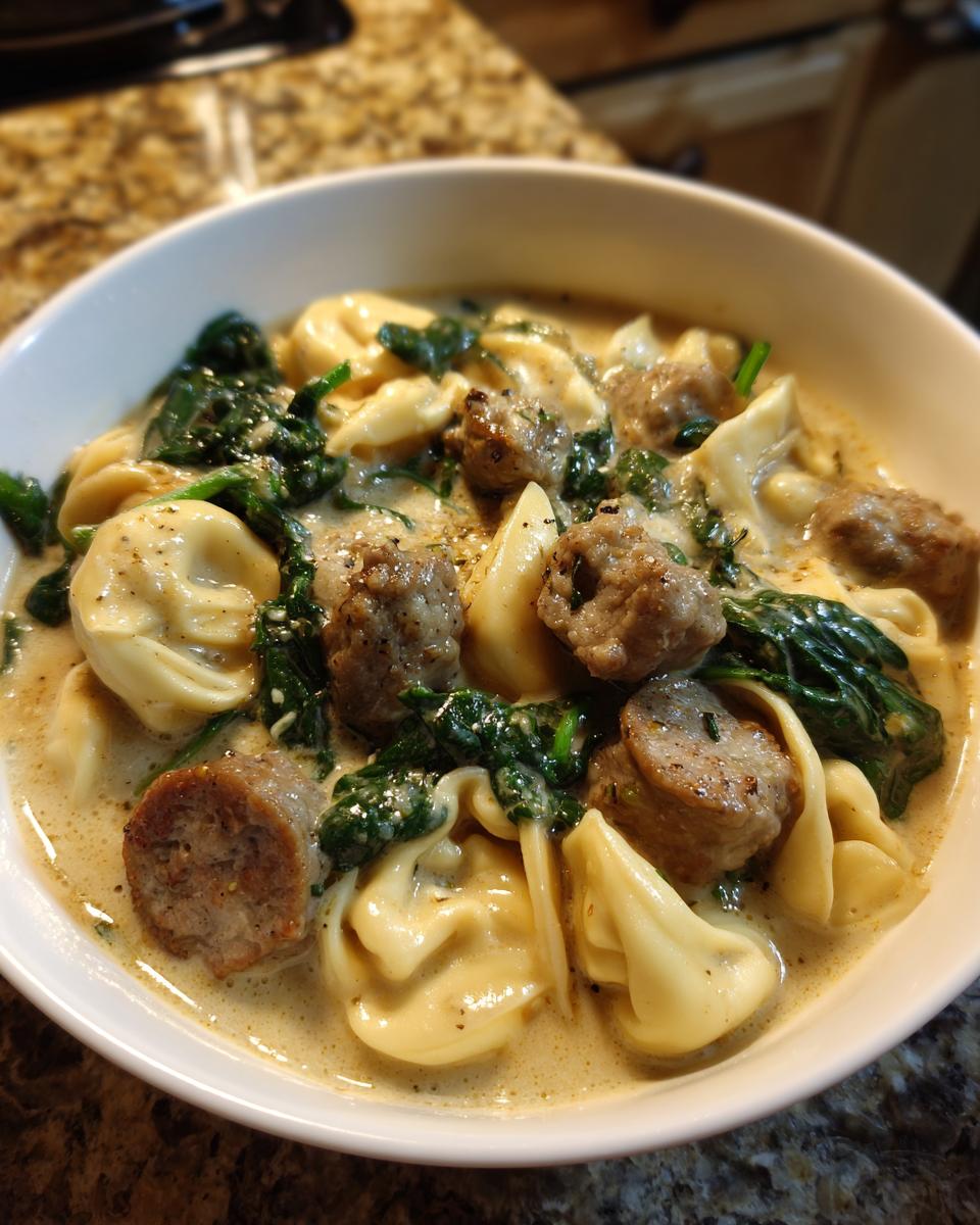 A close-up of a white bowl filled with creamy sausage tortellini soup, featuring chunks of sausage and wilted spinach.