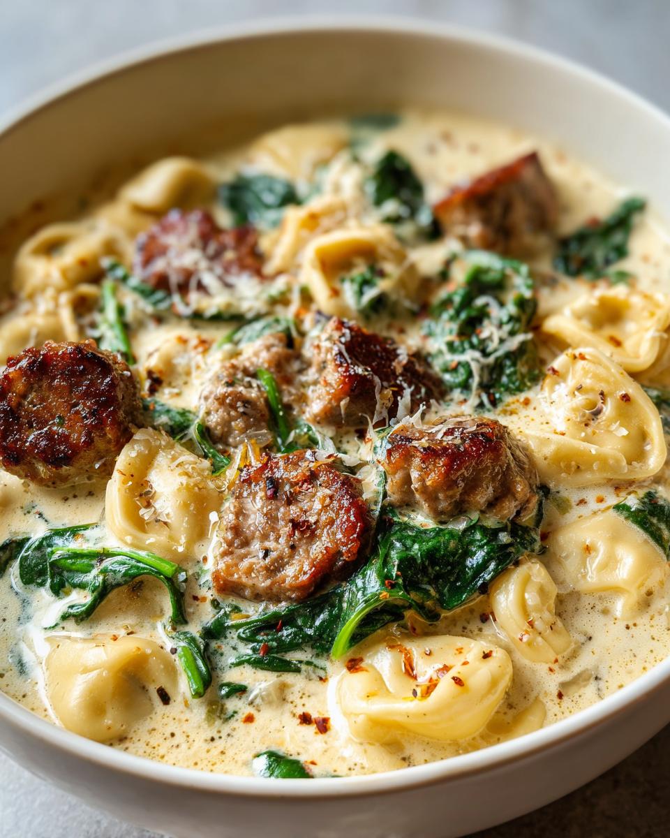 Close-up of creamy sausage tortellini soup featuring browned sausage chunks, wilted spinach, and grated Parmesan cheese.