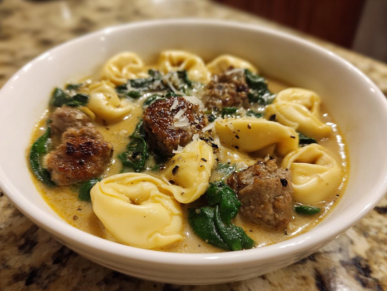 Close-up of a bowl of creamy sausage tortellini soup with spinach and grated Parmesan cheese.