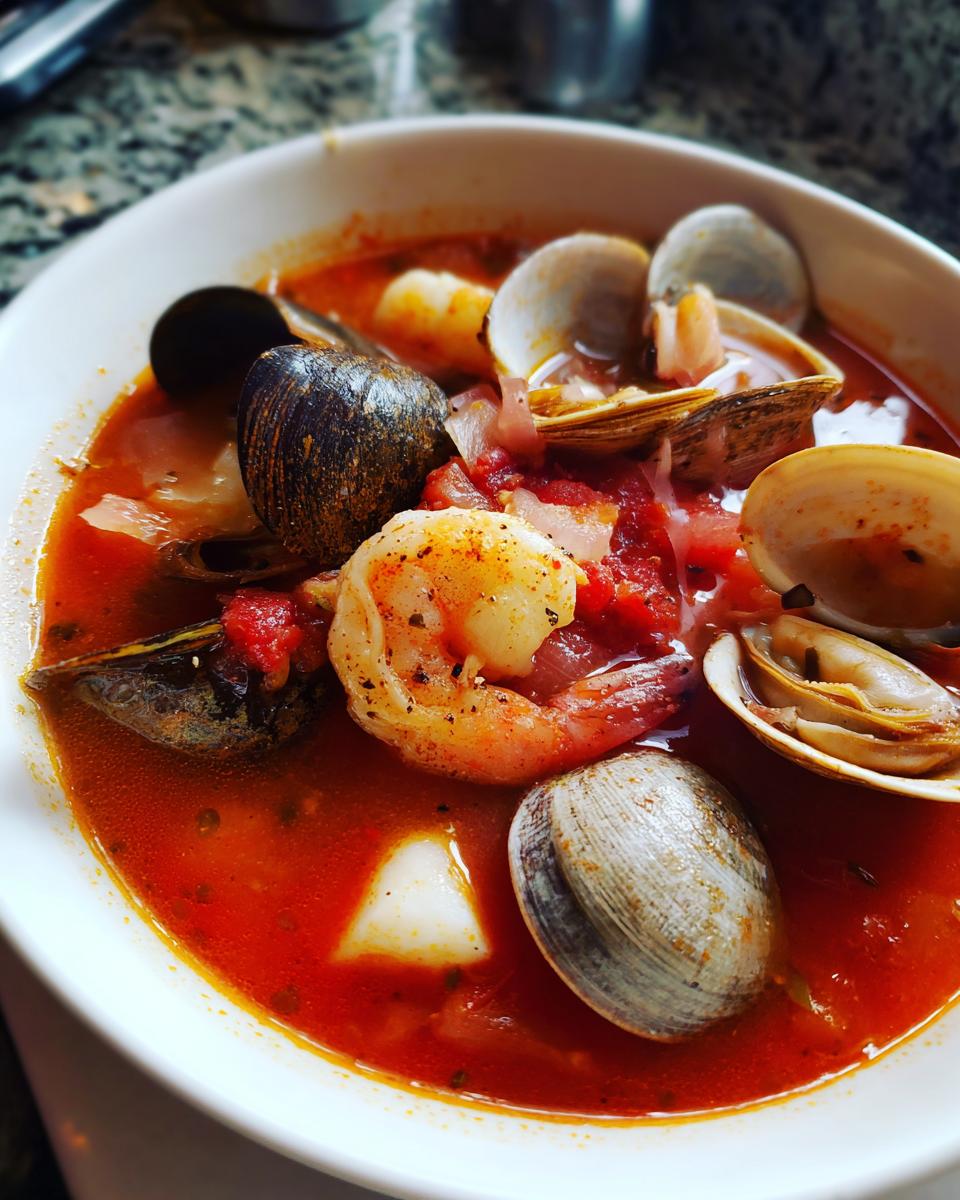 A close-up bowl of rich, red seafood soup featuring shrimp, clams, mussels, and white fish chunks.