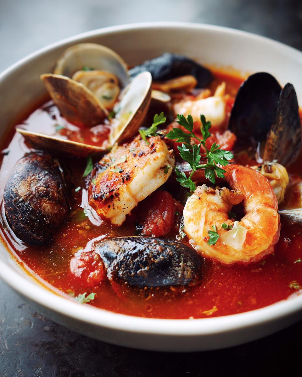 Close-up of a rich seafood soup cioppino featuring mussels, clams, shrimp, and scallops in a tomato broth.