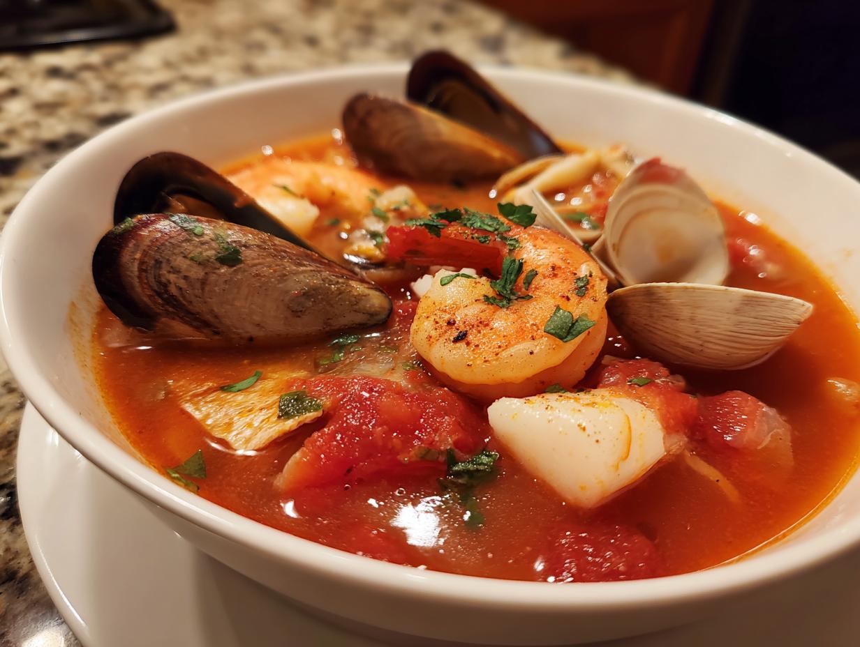 A close-up of a bowl of rich, tomato-based seafood soup cioppino featuring a large shrimp, mussels, clams, and white fish.