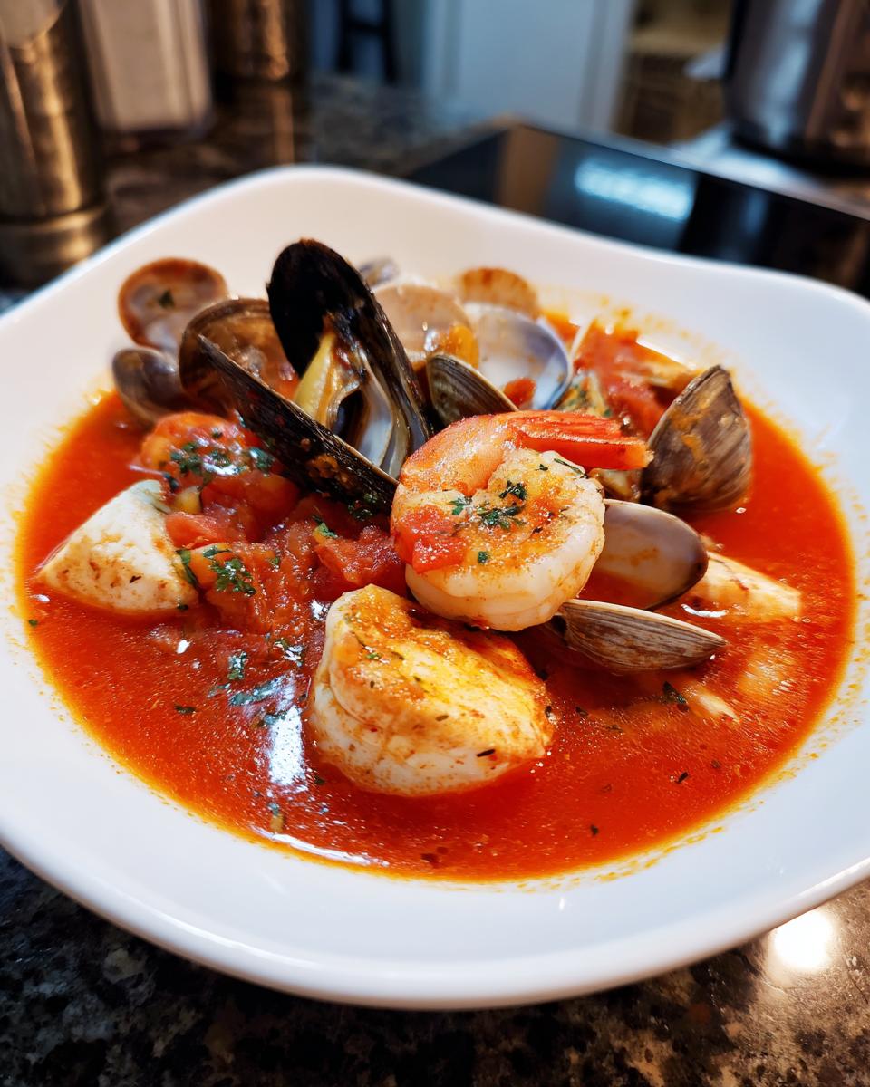 A close-up of a bowl of vibrant red seafood soup cioppino featuring shrimp, mussels, clams, and white fish.