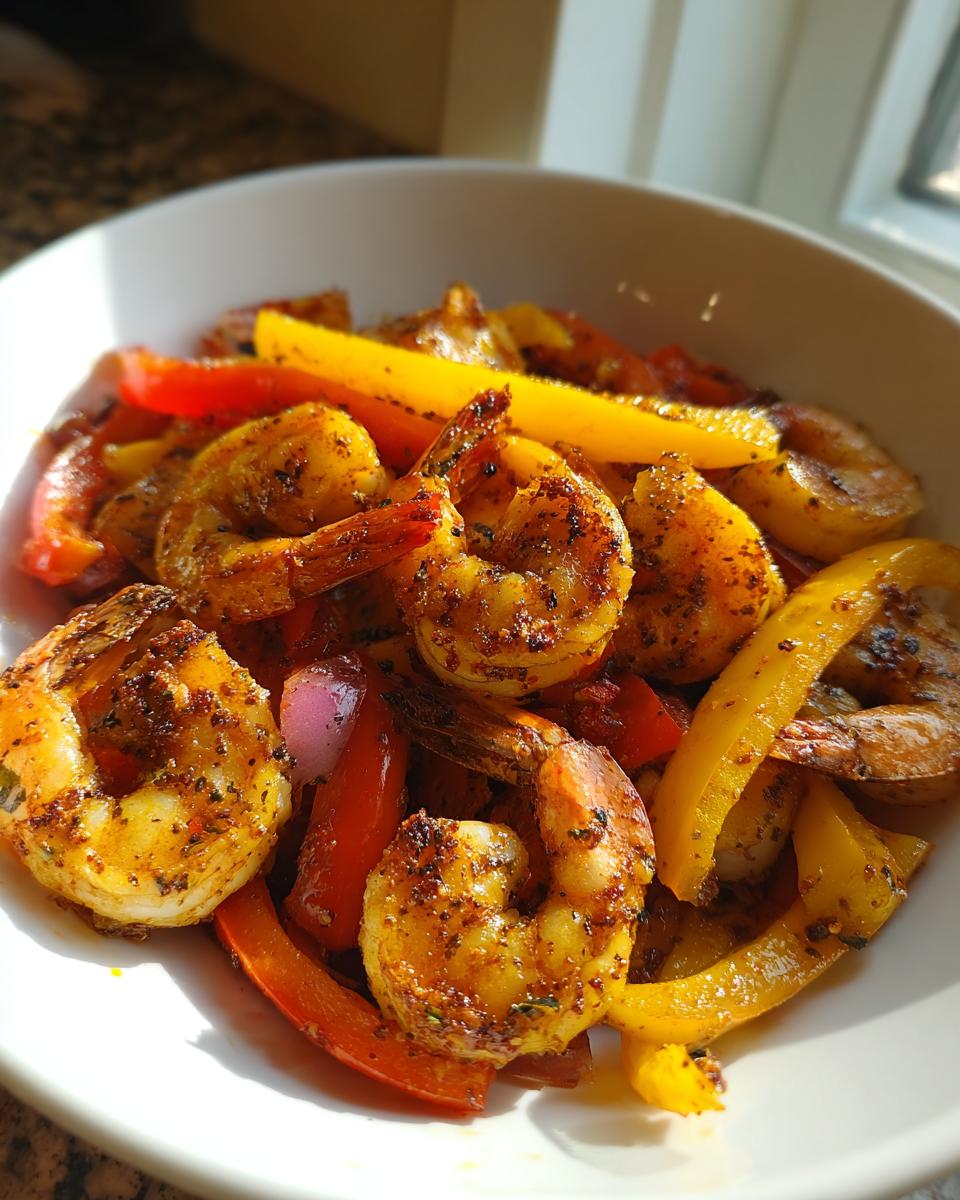 Close-up of seasoned shrimp fajitas with yellow and red bell peppers in a white bowl.