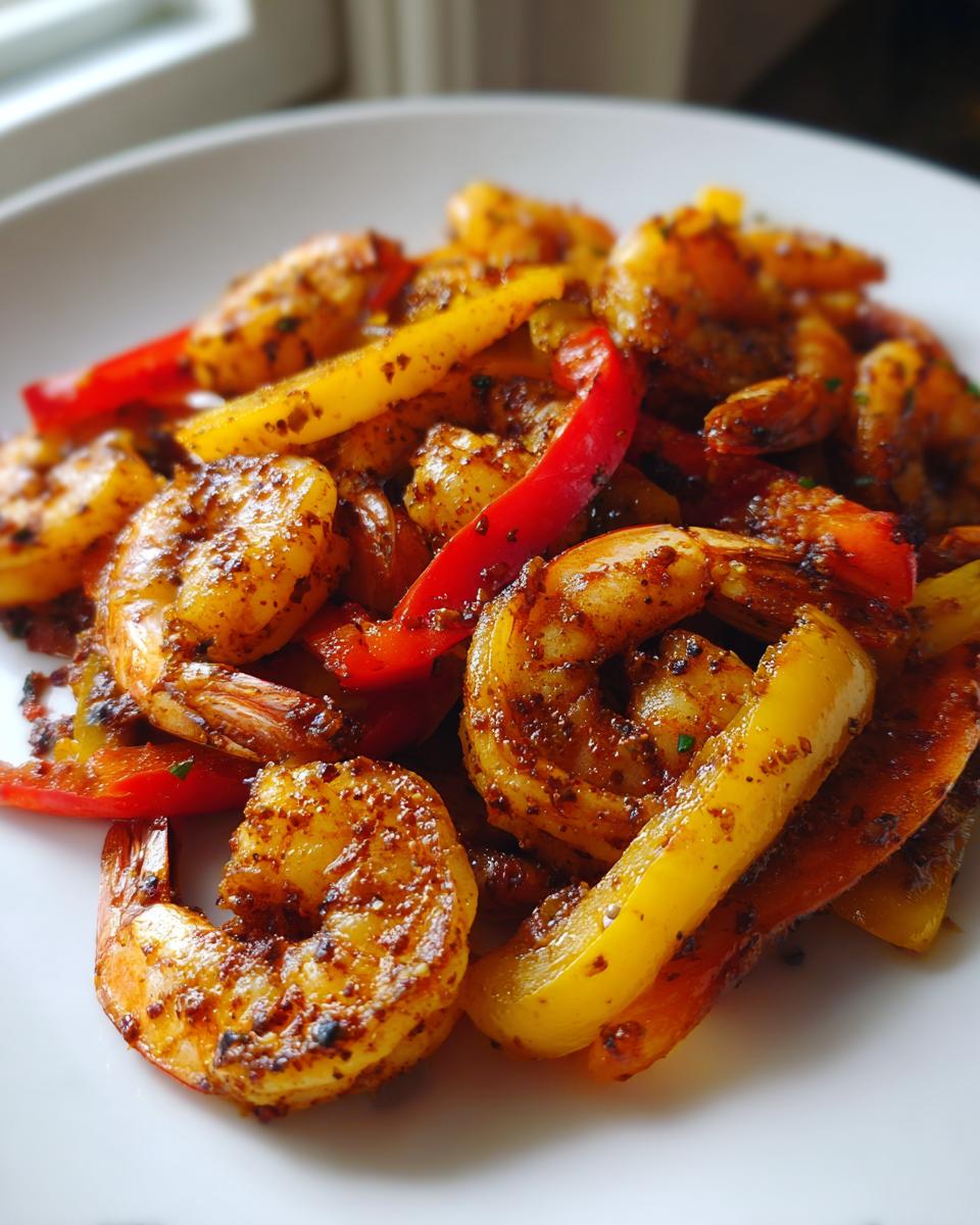 Close-up of seasoned shrimp fajitas mixed with sliced red and yellow bell peppers on a white plate.