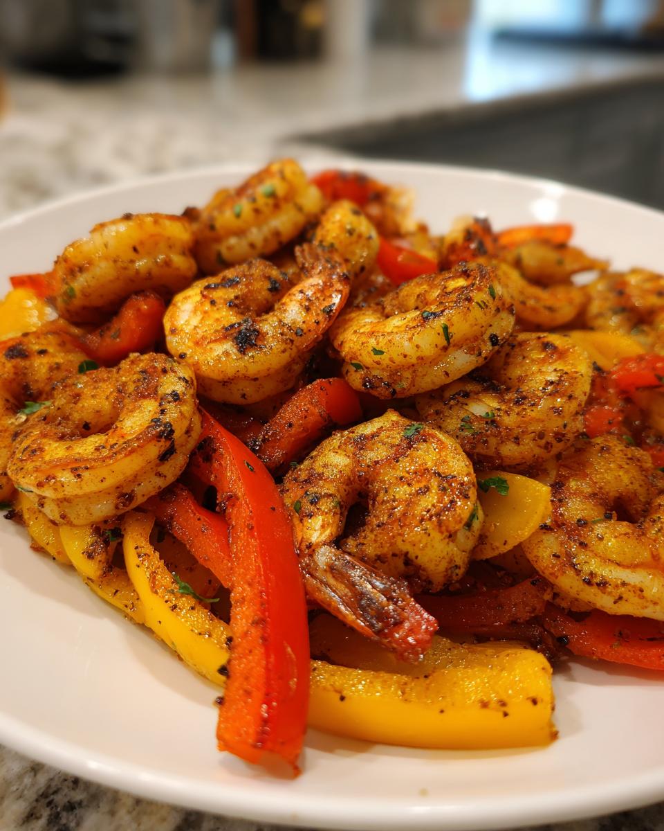 Close-up of seasoned shrimp fajitas mixed with sliced red and yellow bell peppers served on a white plate.