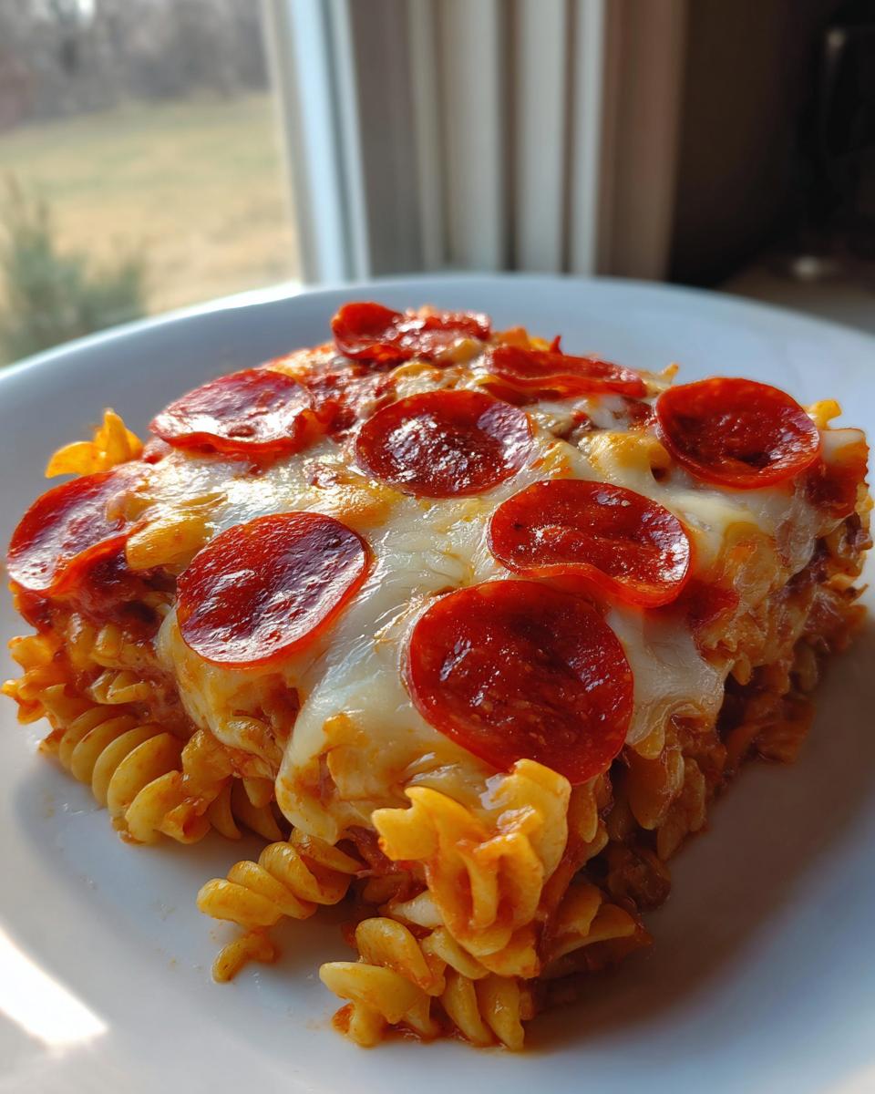 A close-up serving of pizza pasta bake featuring rotini pasta, melted cheese, and pepperoni slices.