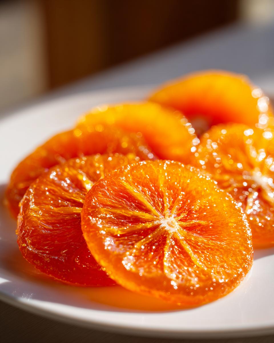 Close-up of glistening, bright orange candied orange slices arranged on a white plate.