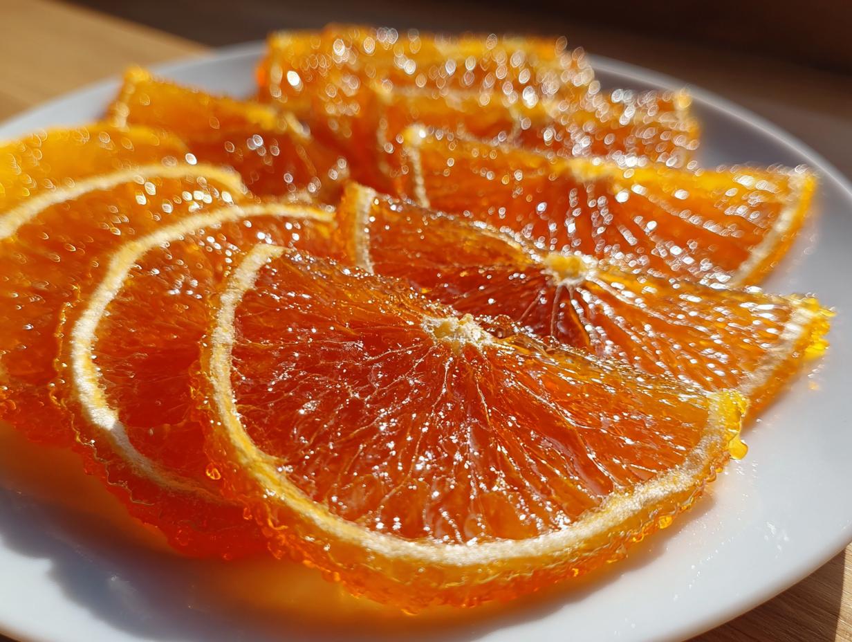 Close-up of glistening, translucent candied orange slices arranged on a white plate under bright light.