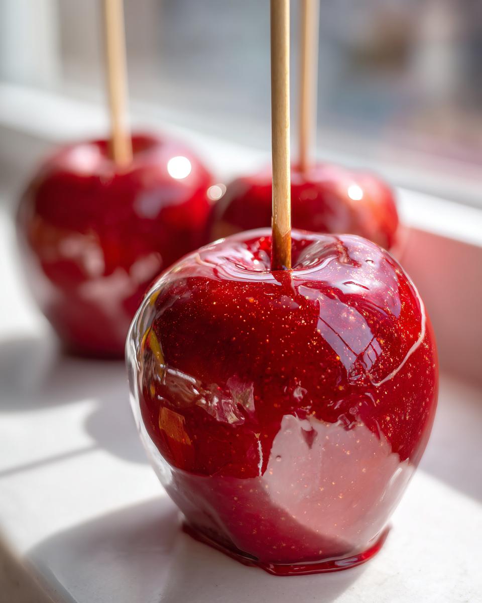 Close-up of a glossy, bright red candy apple with a wooden stick, sitting next to two others in bright sunlight.