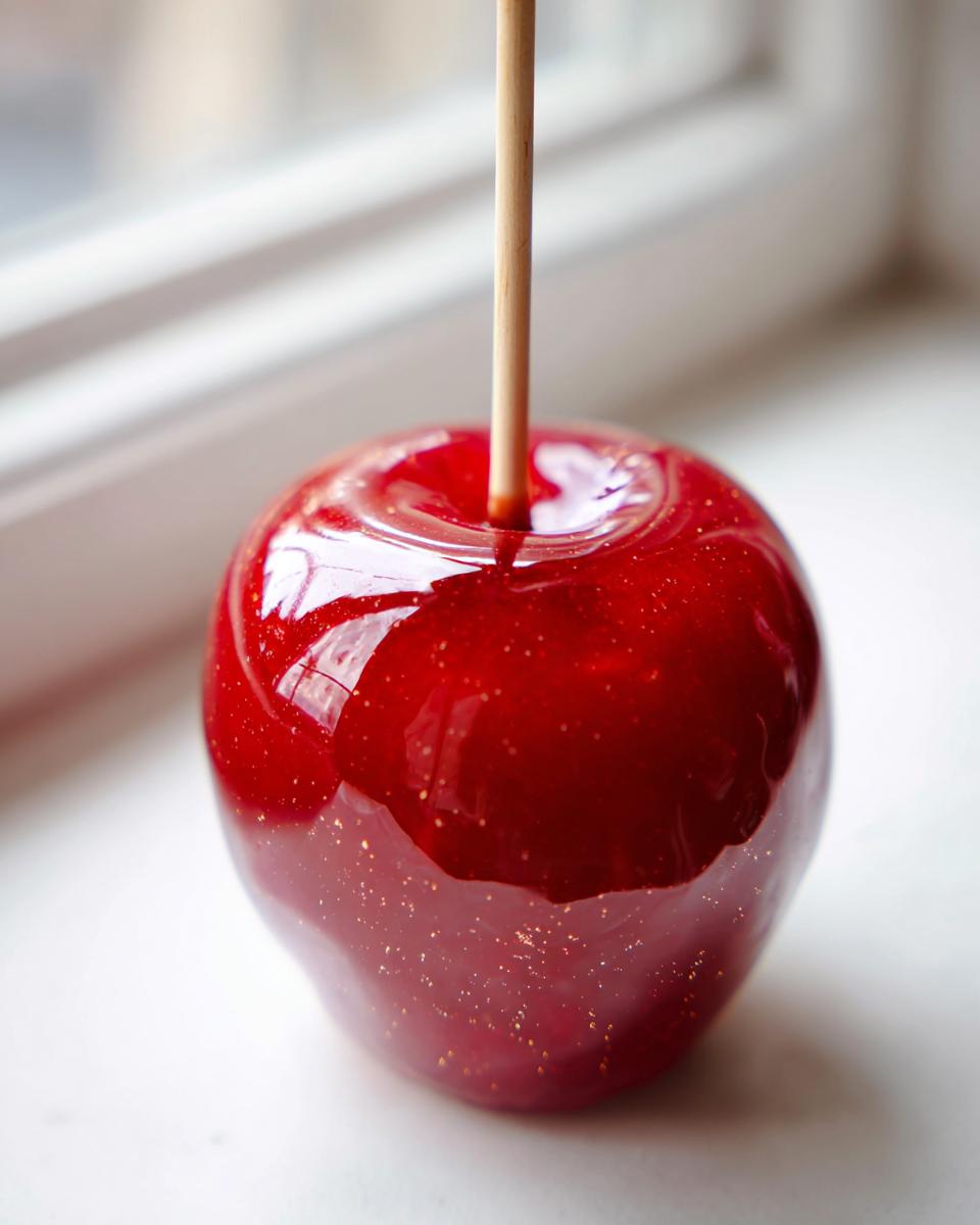 A close-up of a perfectly coated, glossy red candy apple with edible gold glitter, set against a bright window.