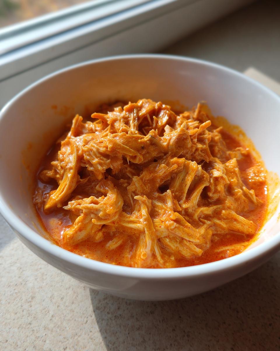 Close-up of shredded chicken coated in a creamy, orange sauce, ready for buffalo chicken chili.