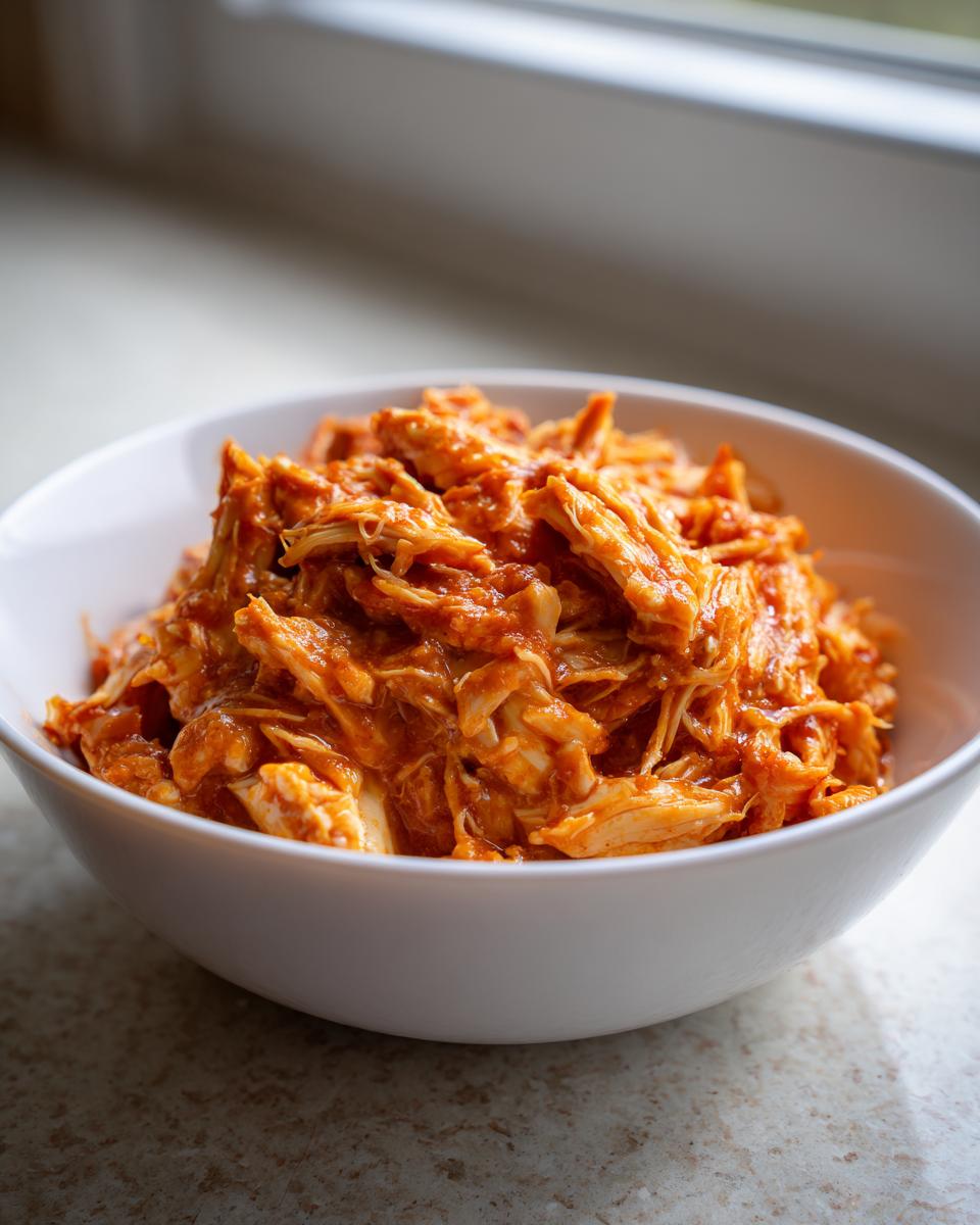 Close-up of shredded chicken coated in bright orange buffalo sauce, ready for buffalo chicken chili.