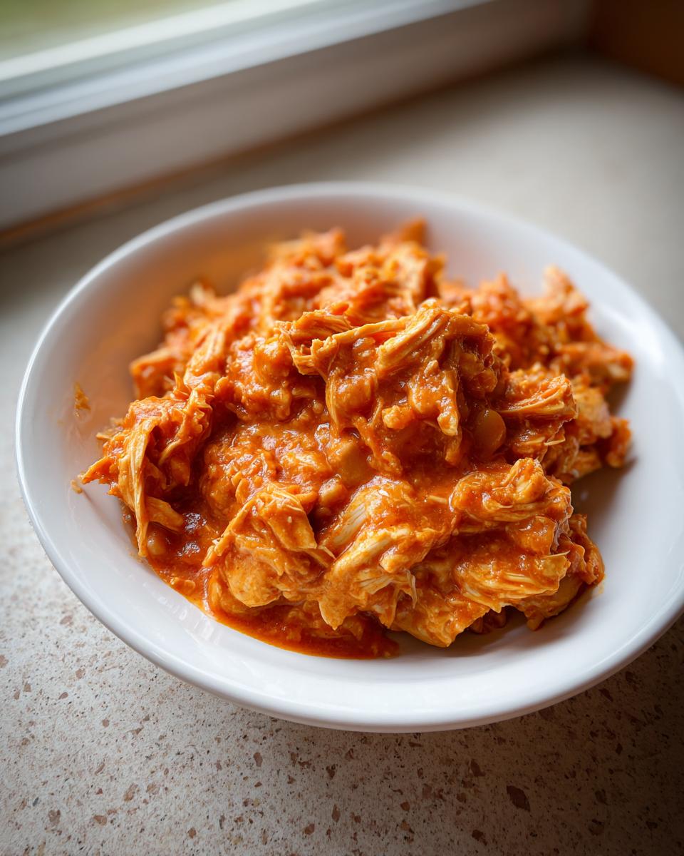 Close-up of shredded chicken coated in bright orange sauce, likely buffalo chicken chili, served in a white bowl.