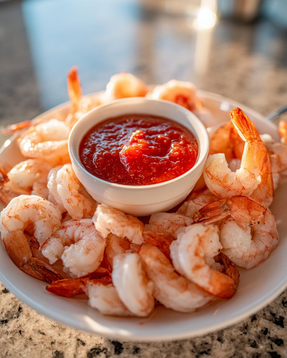 A platter of chilled, cooked shrimp surrounding a small white bowl of bright red shrimp cocktail sauce.