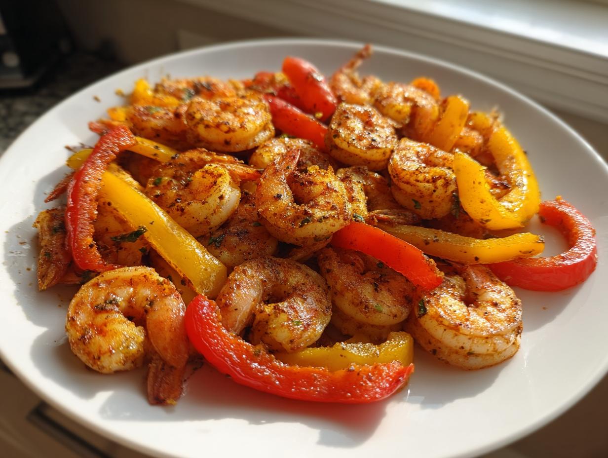 Close-up of perfectly cooked shrimp fajitas mixed with sliced red and yellow bell peppers on a white plate.