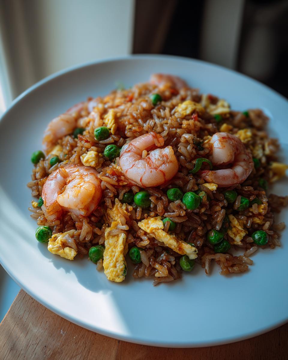 A close-up of a serving of shrimp fried rice with large pink shrimp, green peas, and scrambled egg pieces on a white plate.