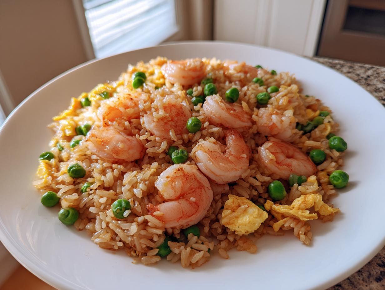 A close-up of a white plate piled high with delicious shrimp fried rice, featuring pink shrimp, green peas, and scrambled egg.