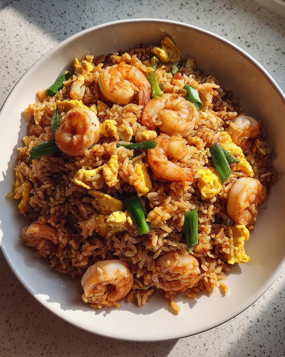 A bowl filled with delicious shrimp fried rice recipe, featuring plump shrimp, scrambled egg, and green onions.