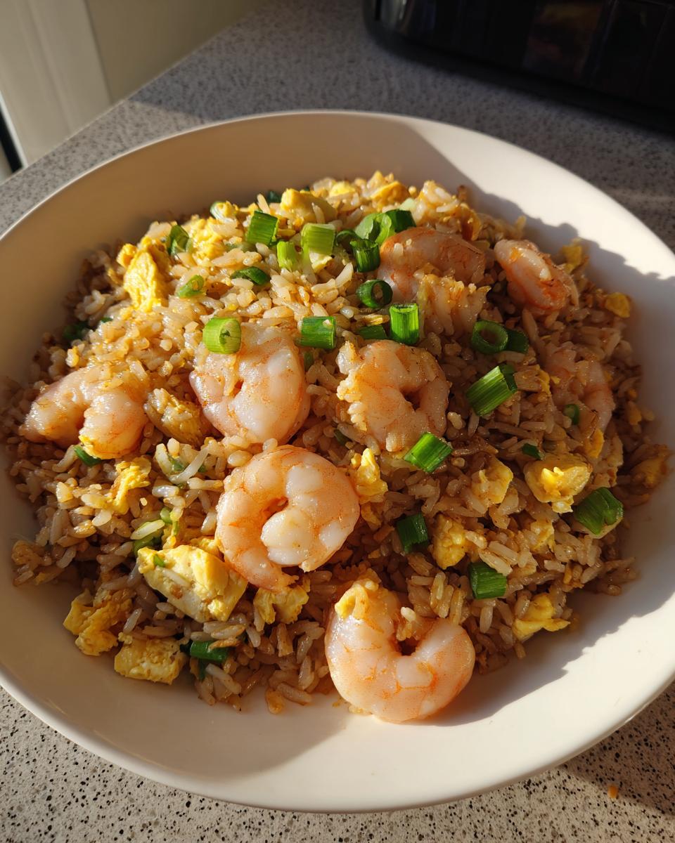 A close-up of a bowl filled with delicious shrimp fried rice recipe, topped with large shrimp and green onions.
