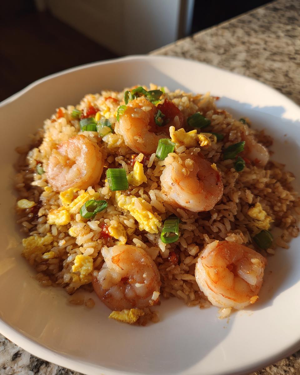 Close-up of a serving of shrimp fried rice recipe, featuring plump shrimp, scrambled egg, and green onions.