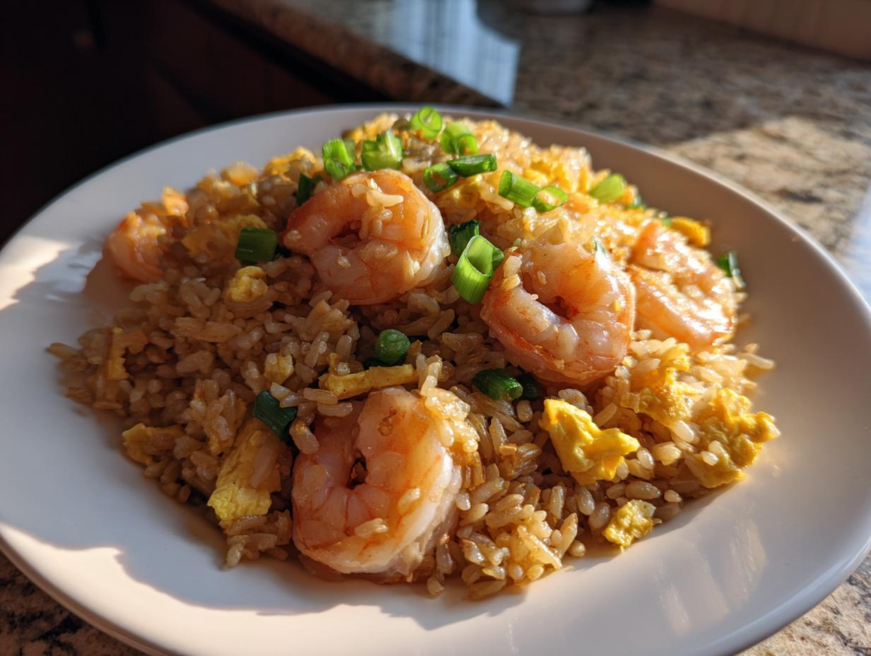 A close-up of a plate featuring homemade shrimp fried rice recipe, topped with large shrimp and green onions.