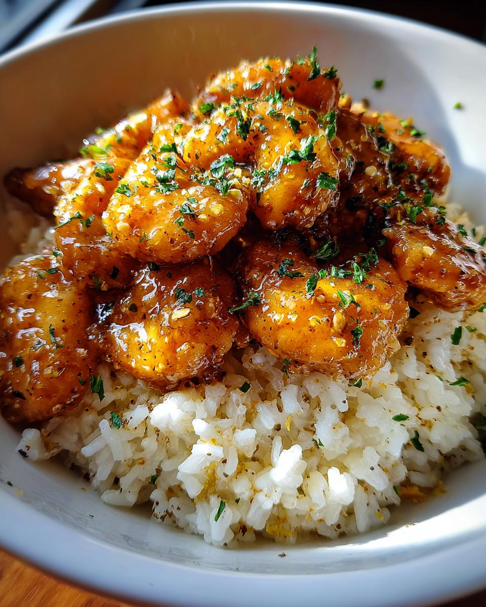Close-up of shrimp scampi topping over garlic parmesan rice in a white bowl.
