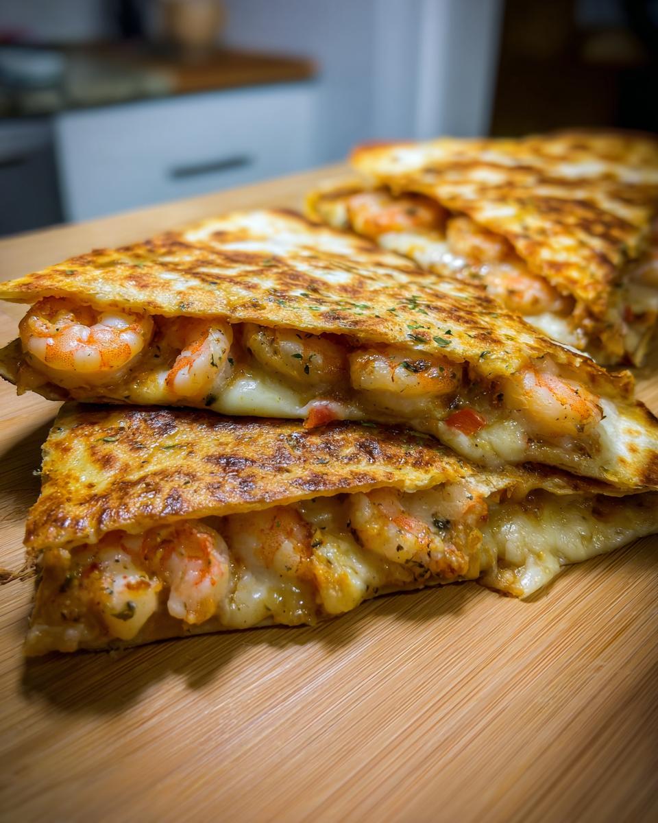 Close-up of stacked, golden-brown shrimp quesadilla wedges oozing with melted cheese and seasoned shrimp.