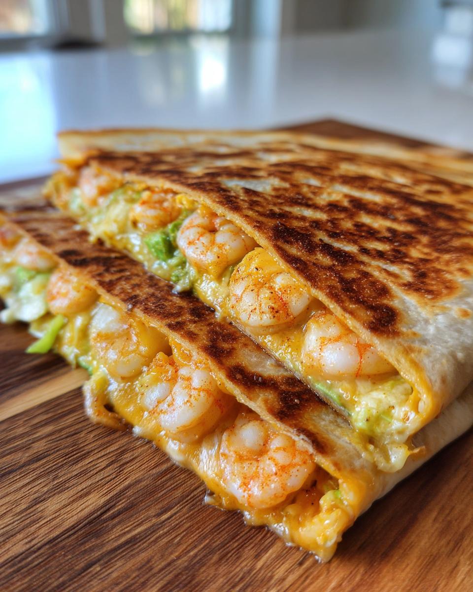 Close-up of a perfectly grilled shrimp quesadilla, sliced in half, showing melted cheese and seasoned shrimp.