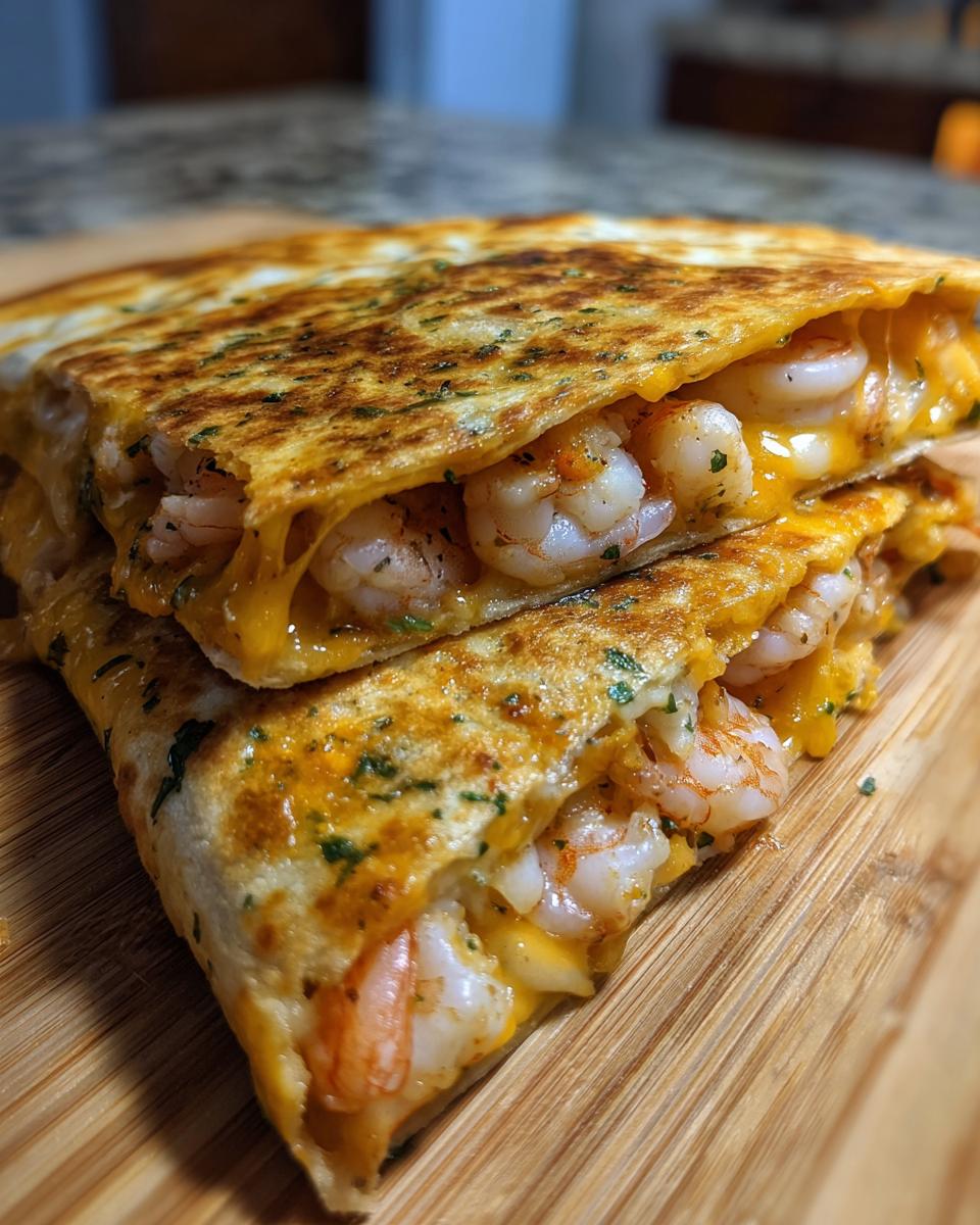 Close-up of a perfectly grilled shrimp quesadilla cut in half, showing melted cheese and seasoned shrimp filling.
