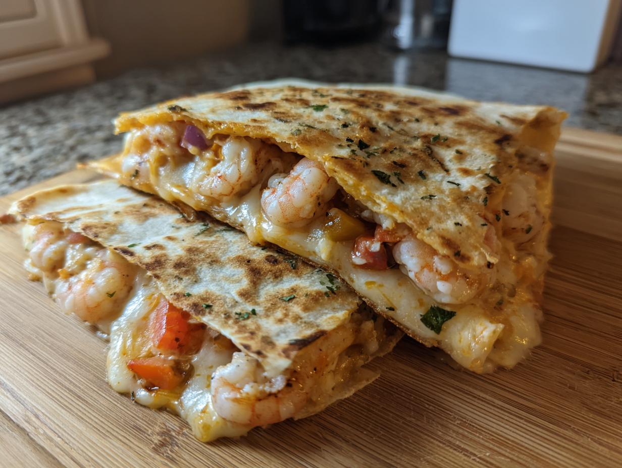 Two halves of a perfectly grilled shrimp quesadilla overflowing with melted cheese and plump shrimp.