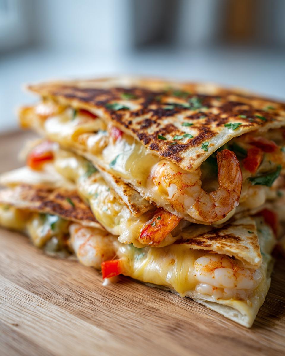 A stack of golden brown shrimp quesadilla wedges oozing with melted cheese and visible shrimp.