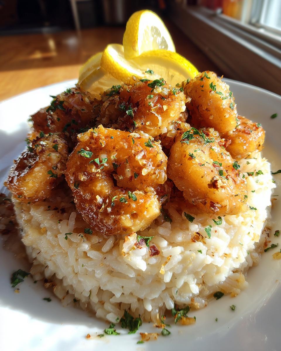 Golden shrimp scampi piled high over creamy garlic parmesan rice, garnished with lemon slices.