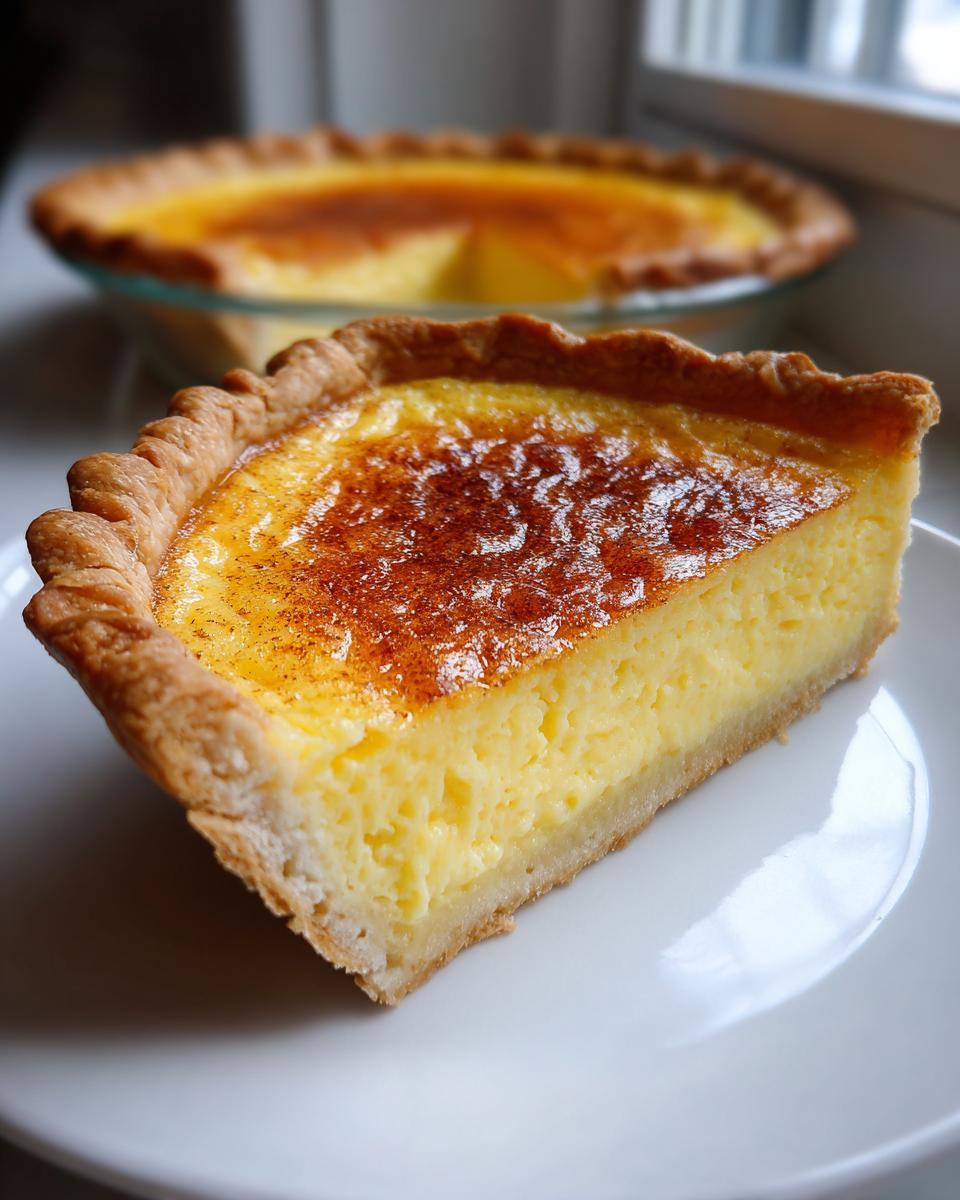 A close-up of a perfect slice of custard pie showing the creamy yellow filling and browned, spiced top.