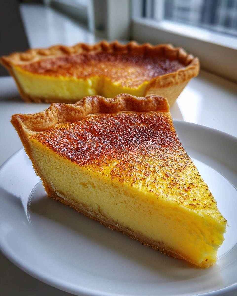 A close-up of a thick slice of creamy custard pie with a golden-brown, nutmeg-dusted top, served on a white plate.