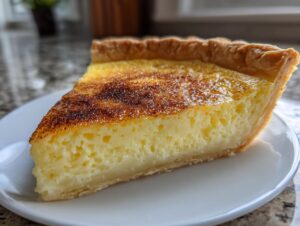 A close-up of a perfect slice of custard pie showing the creamy yellow filling and golden, slightly caramelized top.