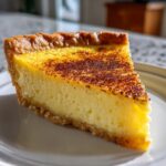 A close-up slice of silky custard pie with a golden brown crust and a dusting of cinnamon on top.
