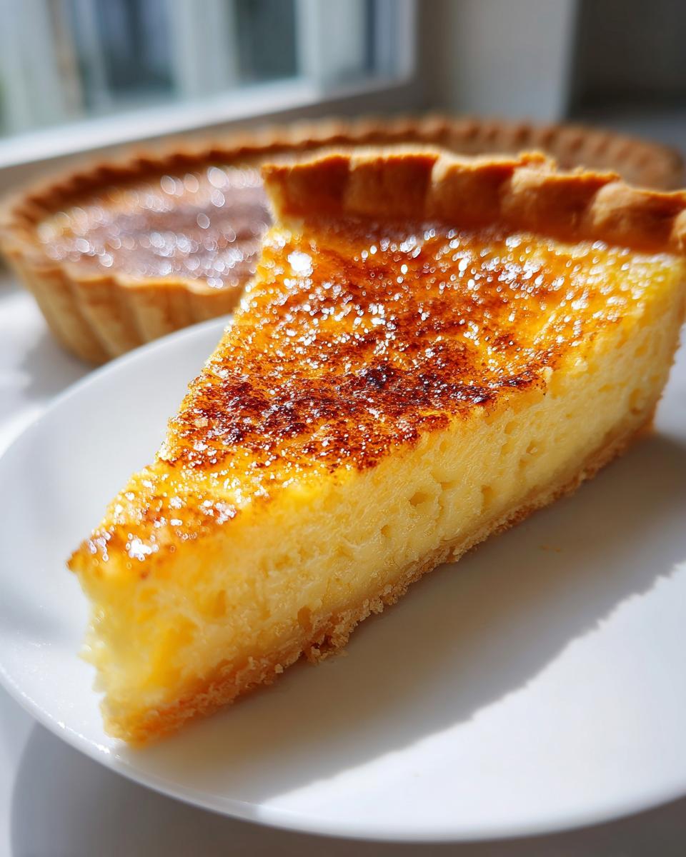 Close-up of a slice of amazing custard pie showing its silky texture and caramelized, torched sugar topping.