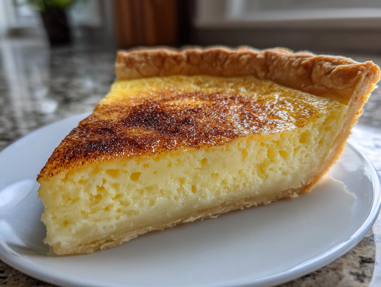 A close-up of a perfect slice of custard pie showing the creamy yellow filling and golden, slightly caramelized top.