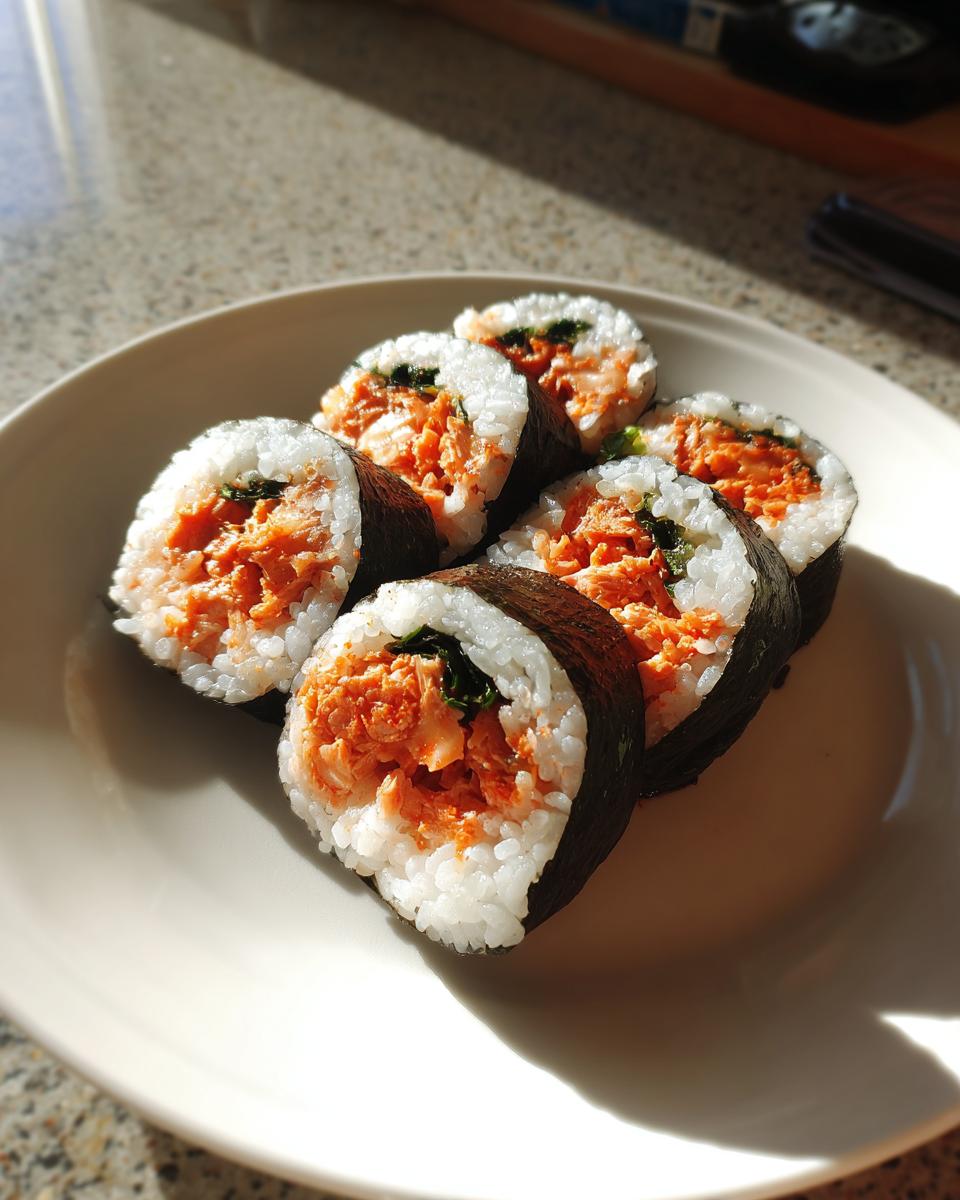 Six freshly cut pieces of tuna kimbap, showing the orange tuna filling and rice wrapped in dark nori, arranged on a light plate.
