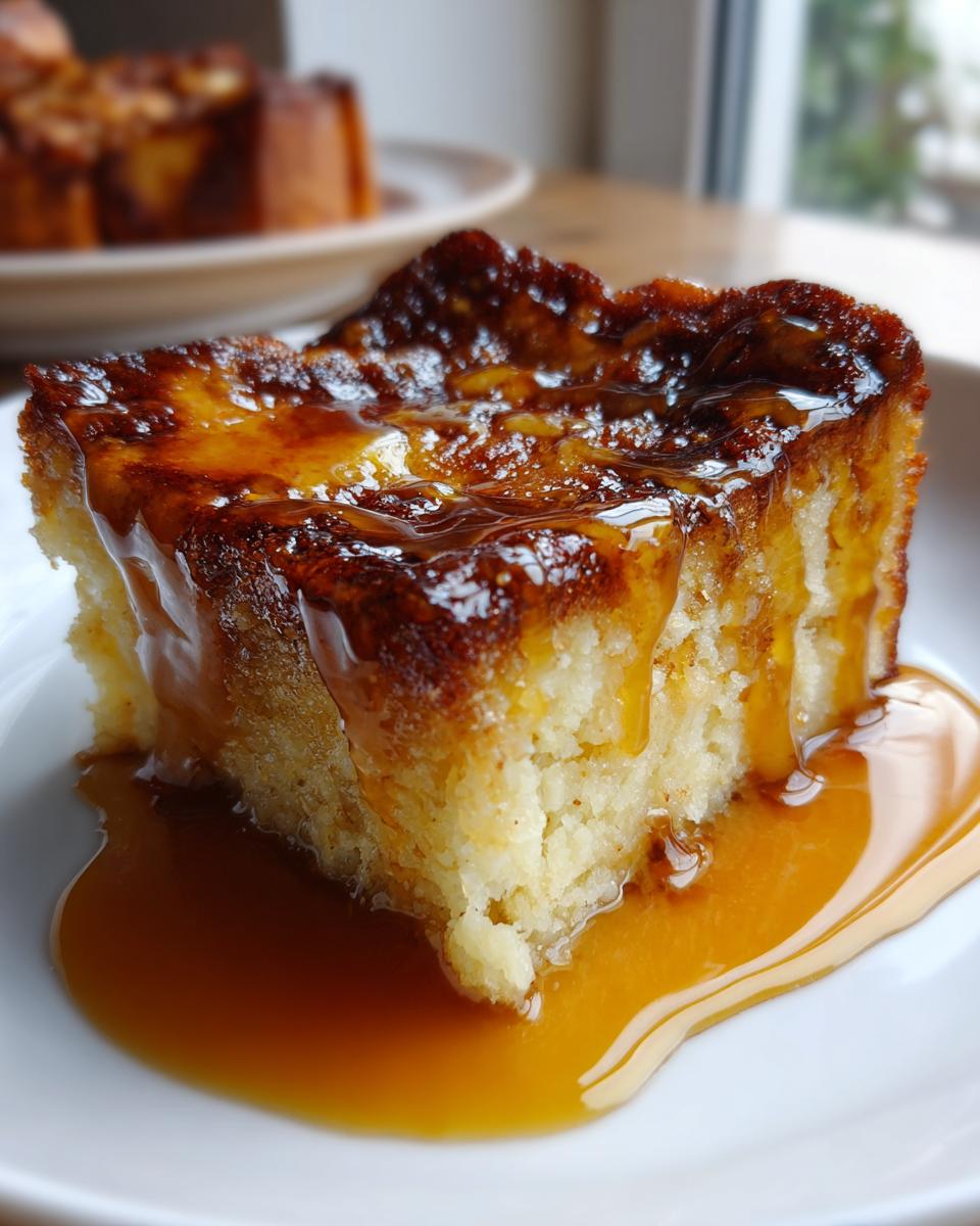 A close-up of a square slice of bread pudding with bourbon sauce generously drizzled over the top.
